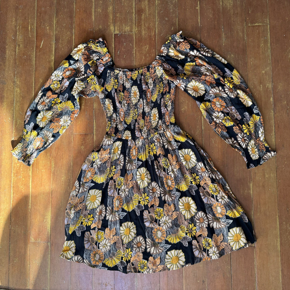 Vintage Y2K Black Floral Puff Sleeve Mini Dress Smocked Romantic Coquette S